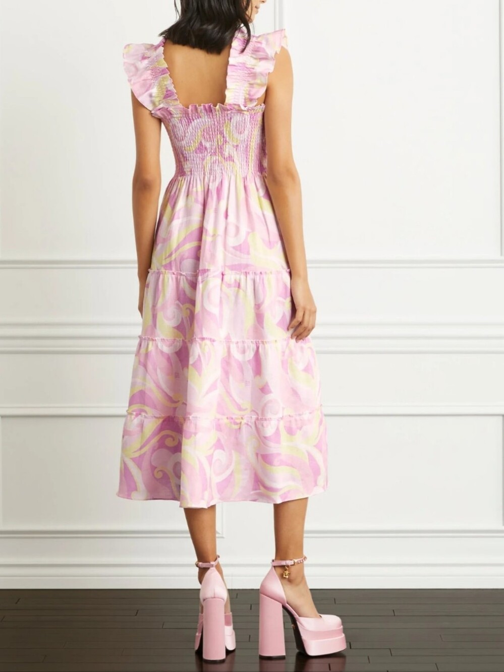 Hill House Ellie Nap Linen Pink And Yellow Pastel Camo Smocked Midi Dress